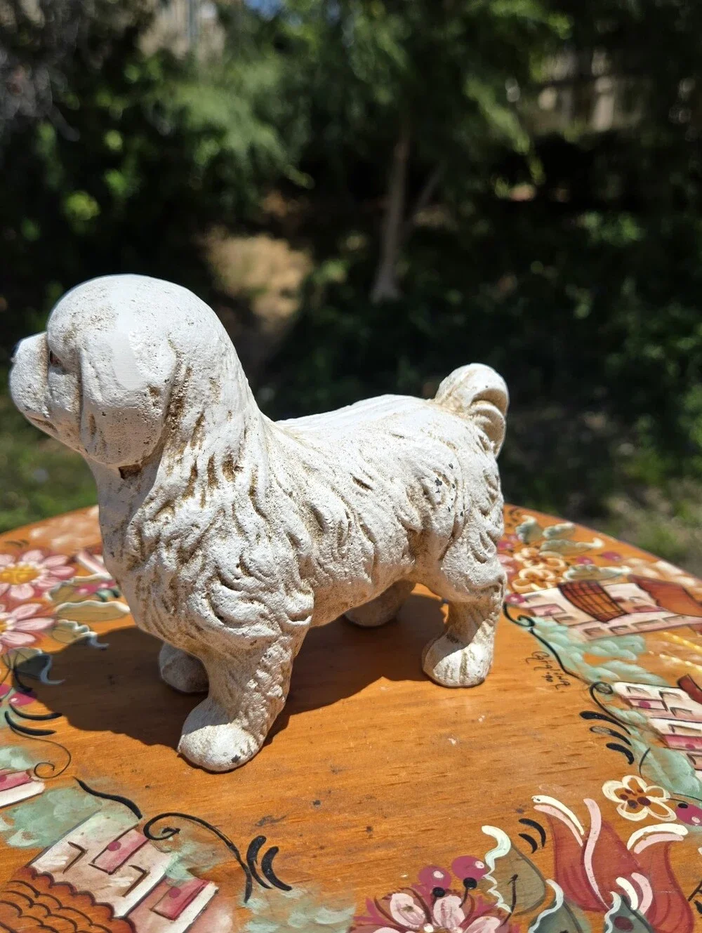 VTG Cast Iron Dog Figurine White Pekingese Shih Tzu Maltese Garden Statue Dog